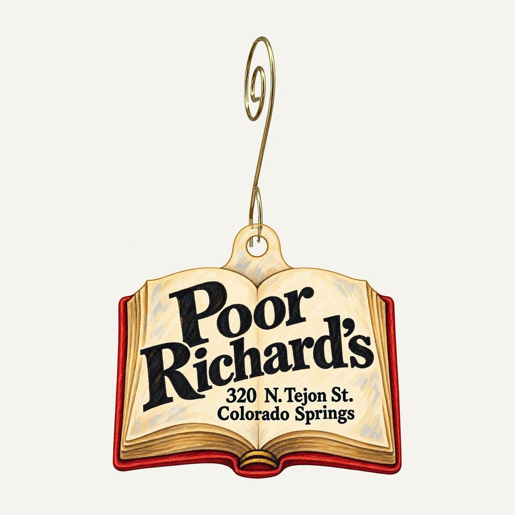 Poor Richard's Book Store Logo custom wood ornament OC107 hanging on hook