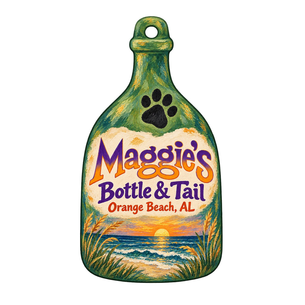 Maggie's Bottle & Tail Logo custom wood ornament OC1082 on white