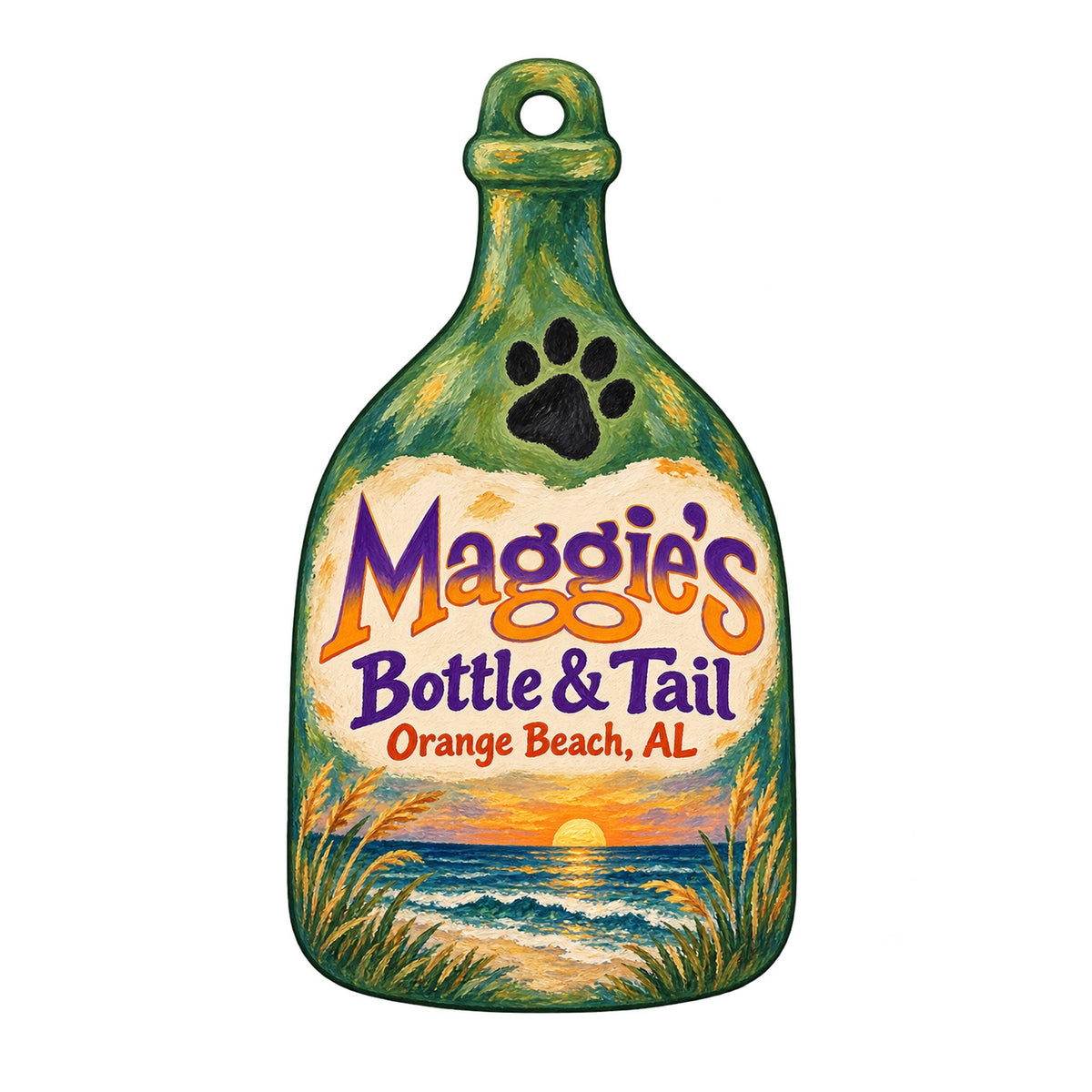 Maggie's Bottle & Tail Logo custom wood ornament OC1082 on white