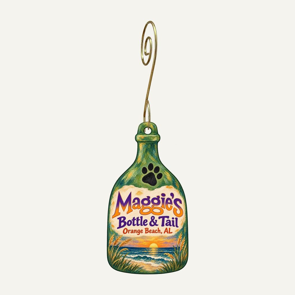 Maggie's Bottle & Tail Logo custom wood ornament OC1082 hanging on hook