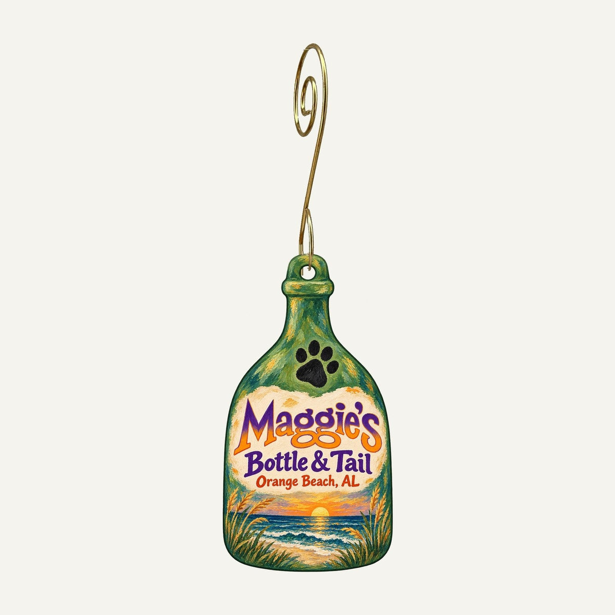 Maggie's Bottle & Tail Logo custom wood ornament OC1082 hanging on hook