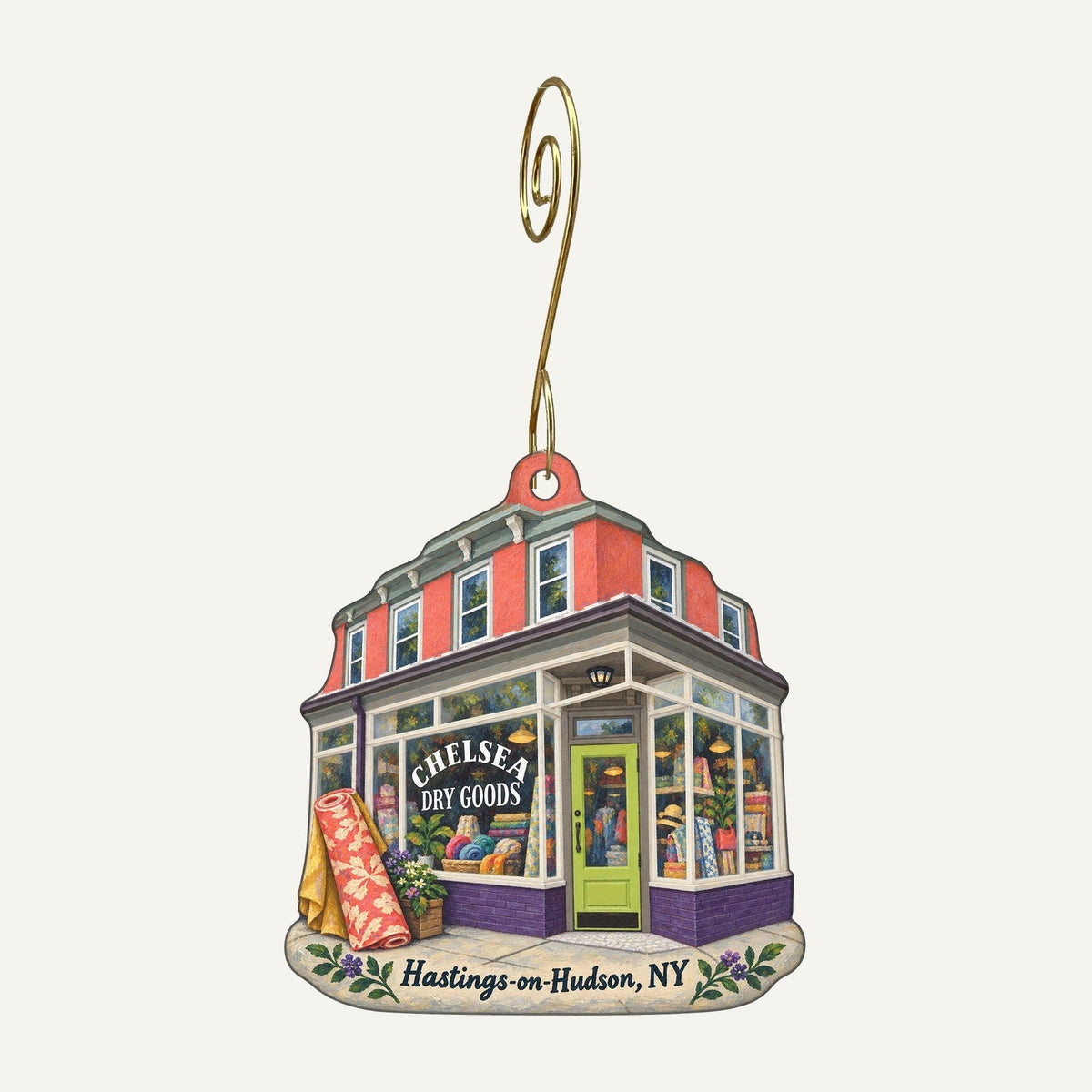Chelsea Dry Goods Logo custom wood ornament OC1091 hanging on hook