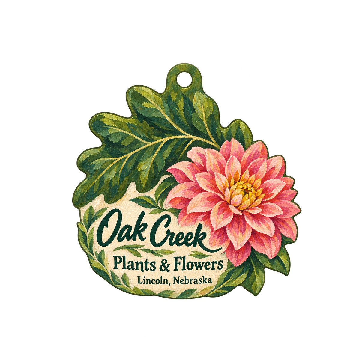 Oak Creek Plants & Flowers Logo custom wood ornament OC1094 on white