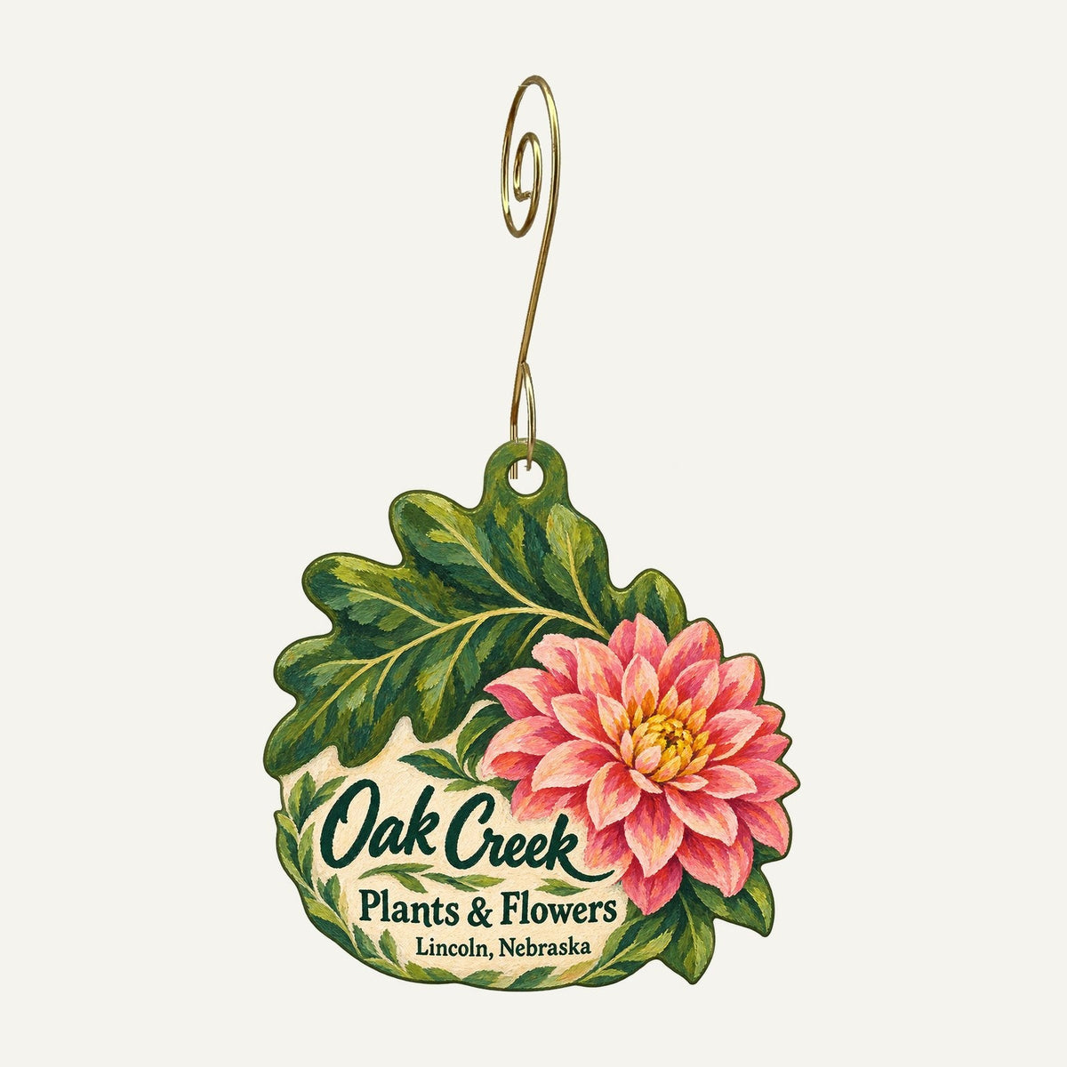 Oak Creek Plants & Flowers Logo custom wood ornament OC1094 hanging on hook