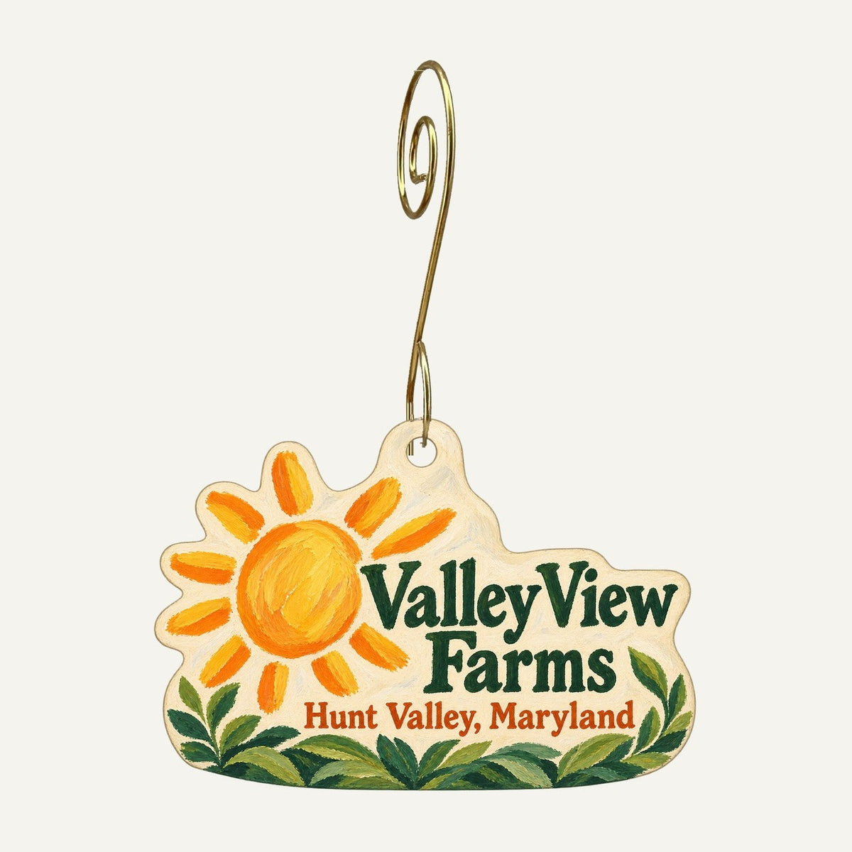 Valley View Farms Logo custom wood ornament OC1103 hanging on hook