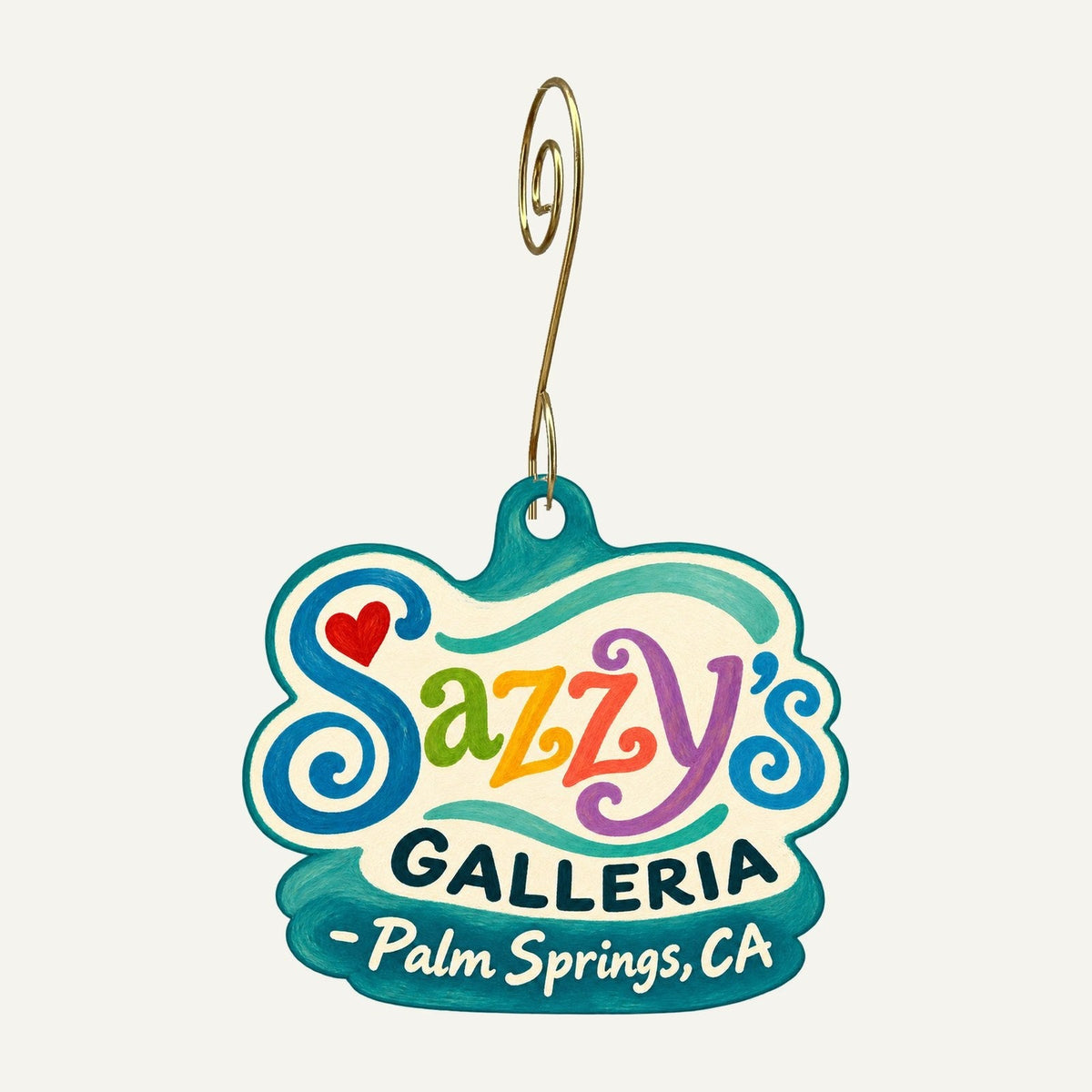 Sazzy's Galleria, Inc. Logo custom wood ornament OC1106 hanging on hook