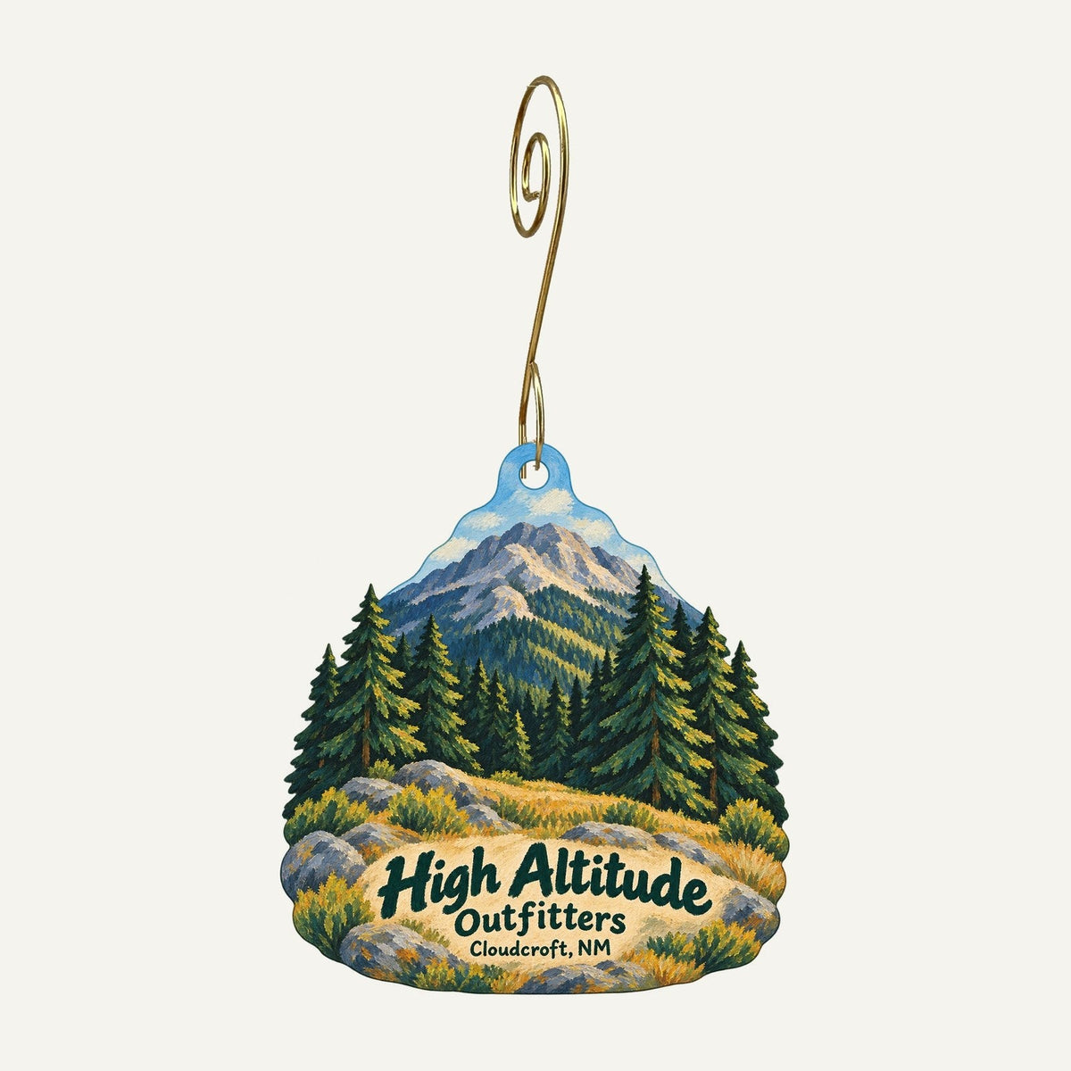 High Altitude Outfitters Logo custom wood ornament OC1109 hanging on hook