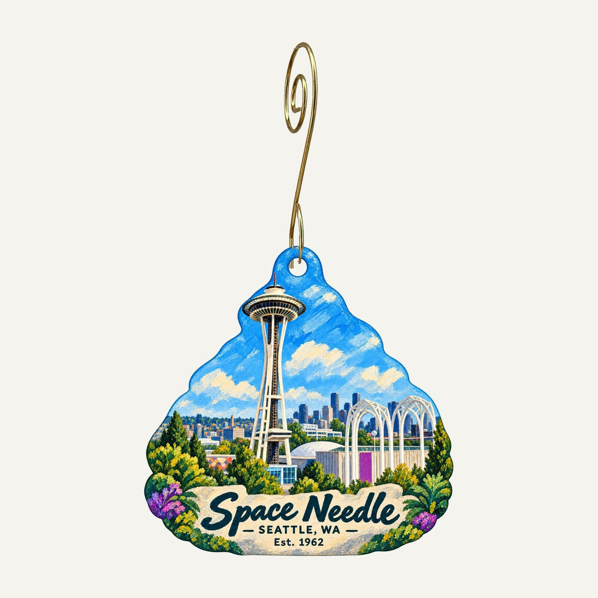 Space Needle and Chihuly Garden and Glass Logo custom wood ornament OC110 hanging on hook