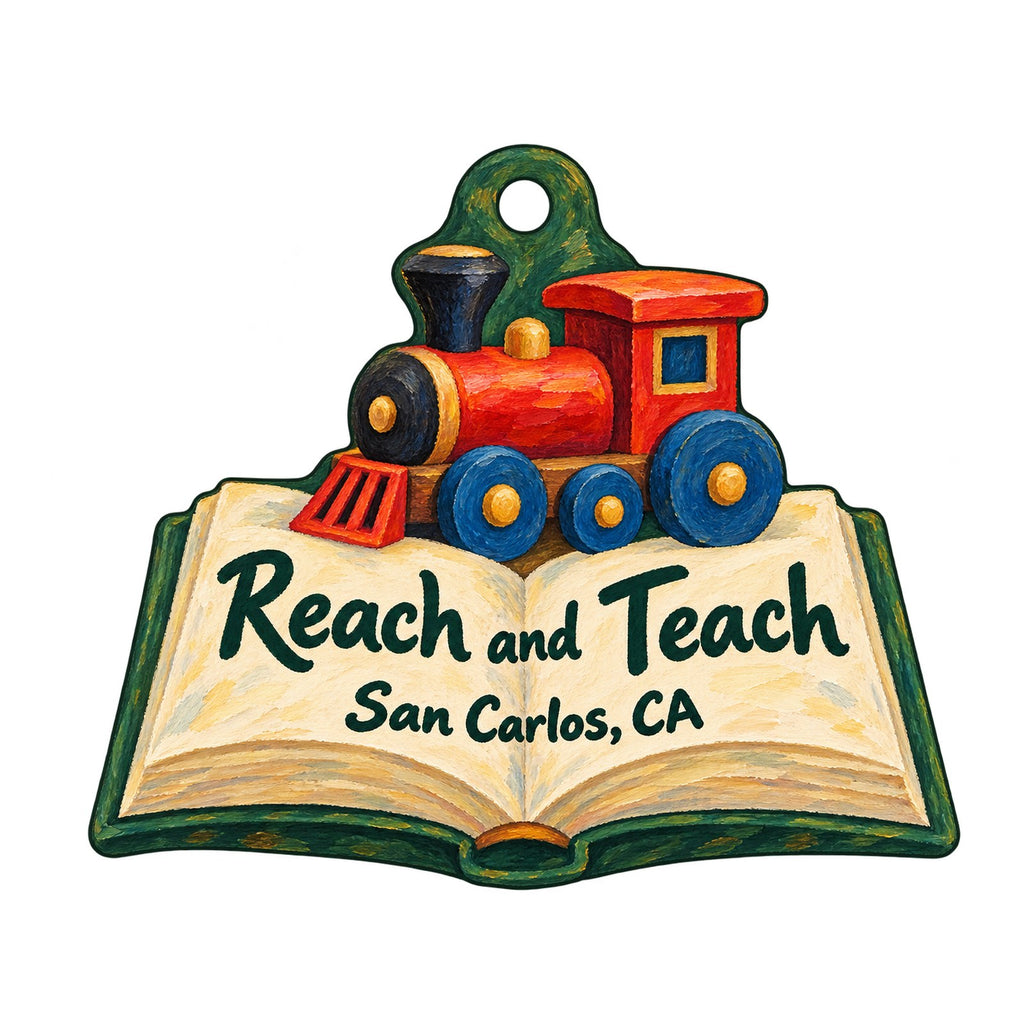 Reach and Teach Books, Toys, and Gifts Logo custom wood ornament OC1115 on white