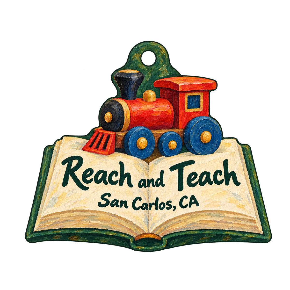 Reach and Teach Books, Toys, and Gifts Logo custom wood ornament OC1115 on white