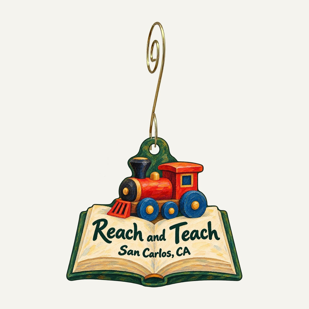 Reach and Teach Books, Toys, and Gifts Logo custom wood ornament OC1115 hanging on hook