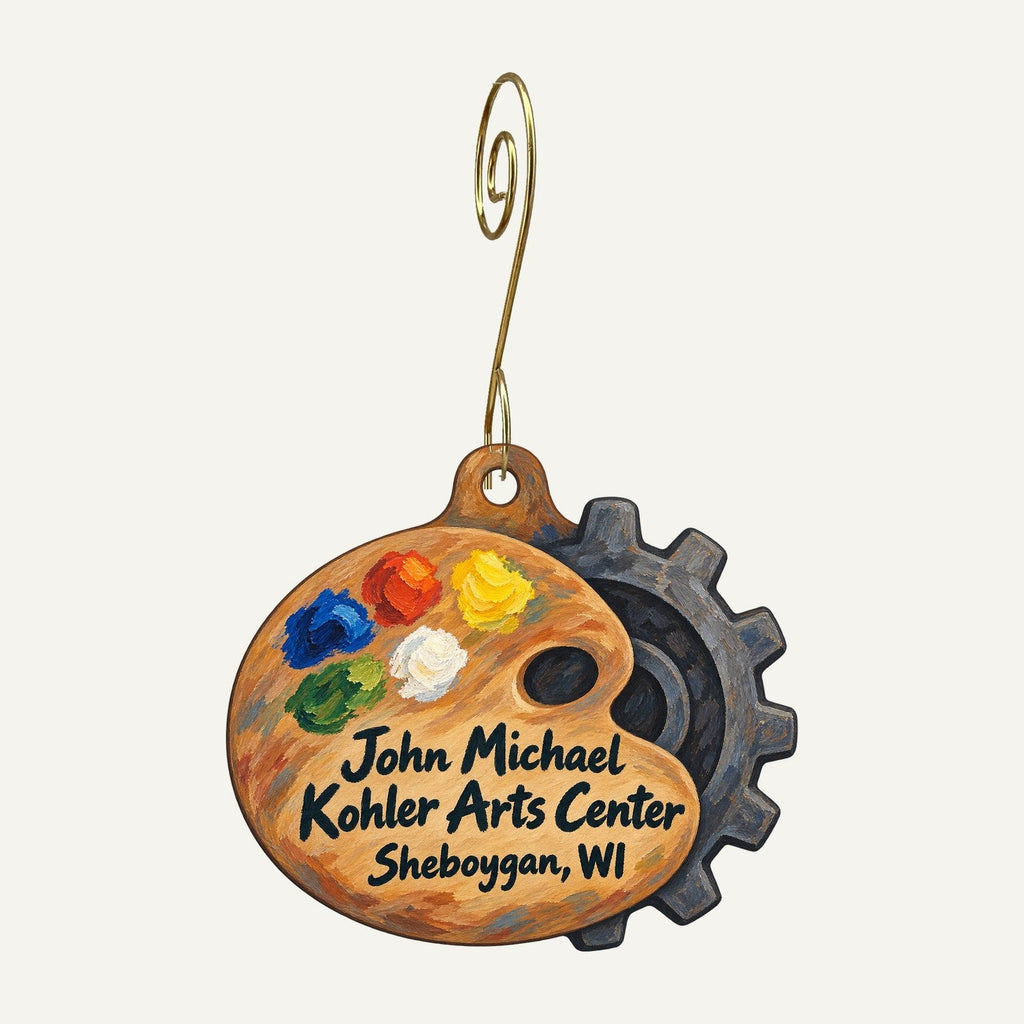 John Michael Kohler Arts Center Logo custom wood ornament OC1118 hanging on hook