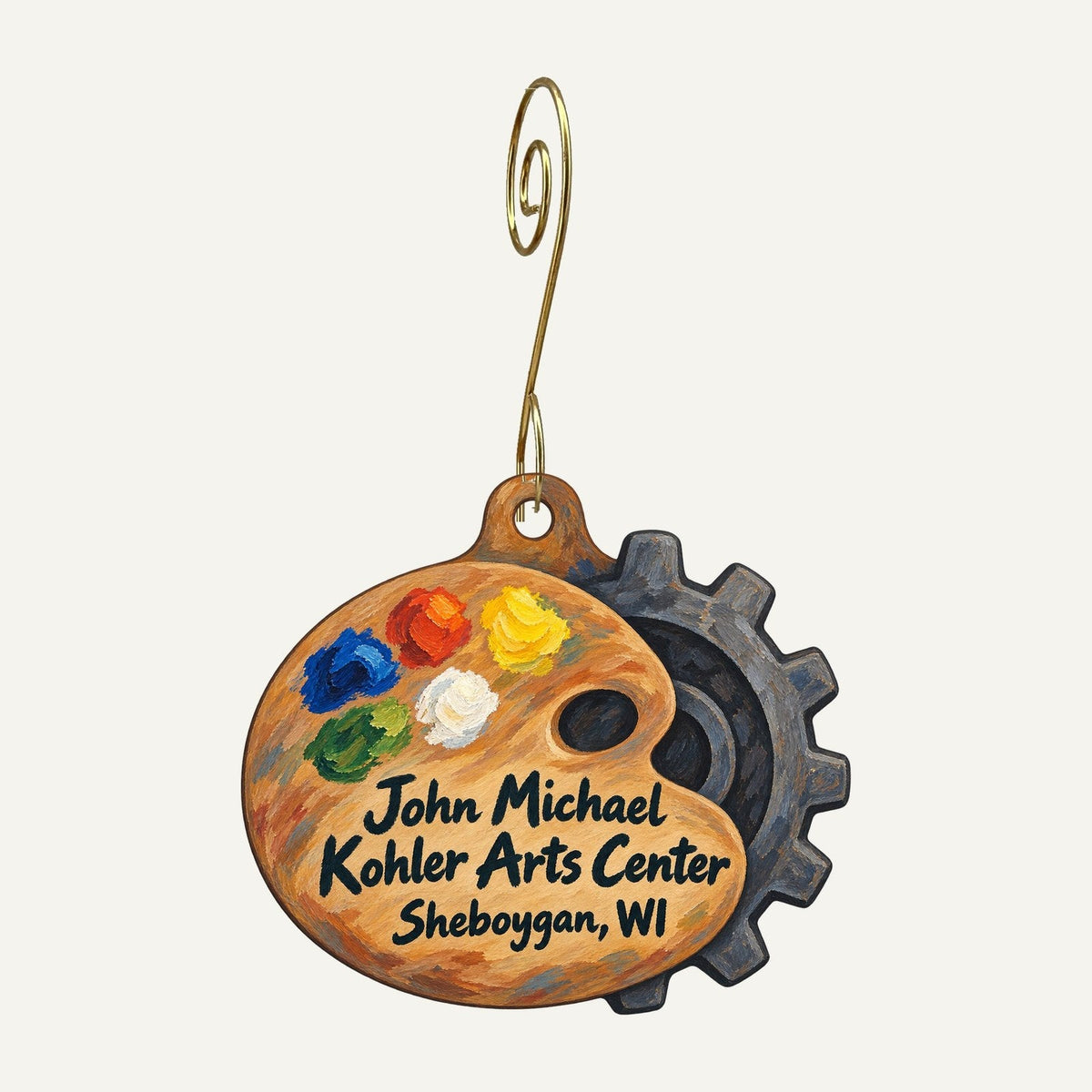 John Michael Kohler Arts Center Logo custom wood ornament OC1118 hanging on hook