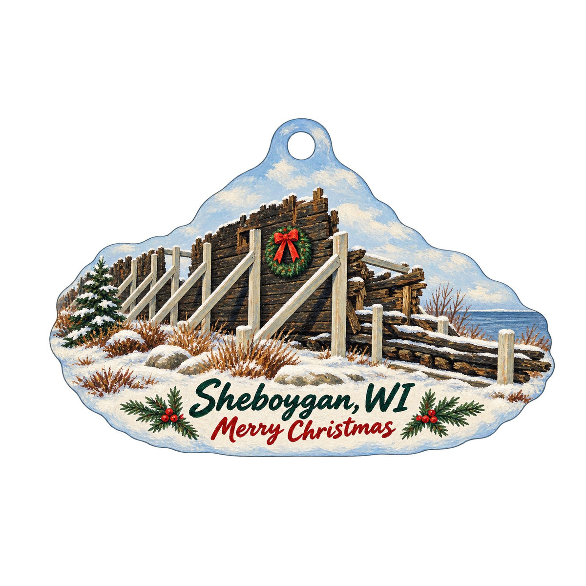 John Michael Kohler Arts Center Christmas custom wood ornament OC1119 on white