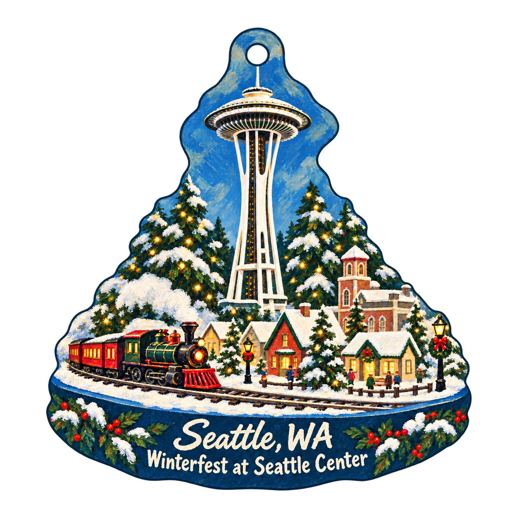 Space Needle and Chihuly Garden and Glass Christmas custom wood ornament OC111 on white