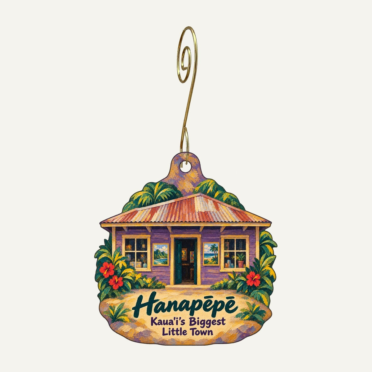 JJ Ohana Town Icon custom wood ornament OC1123 hanging on hook