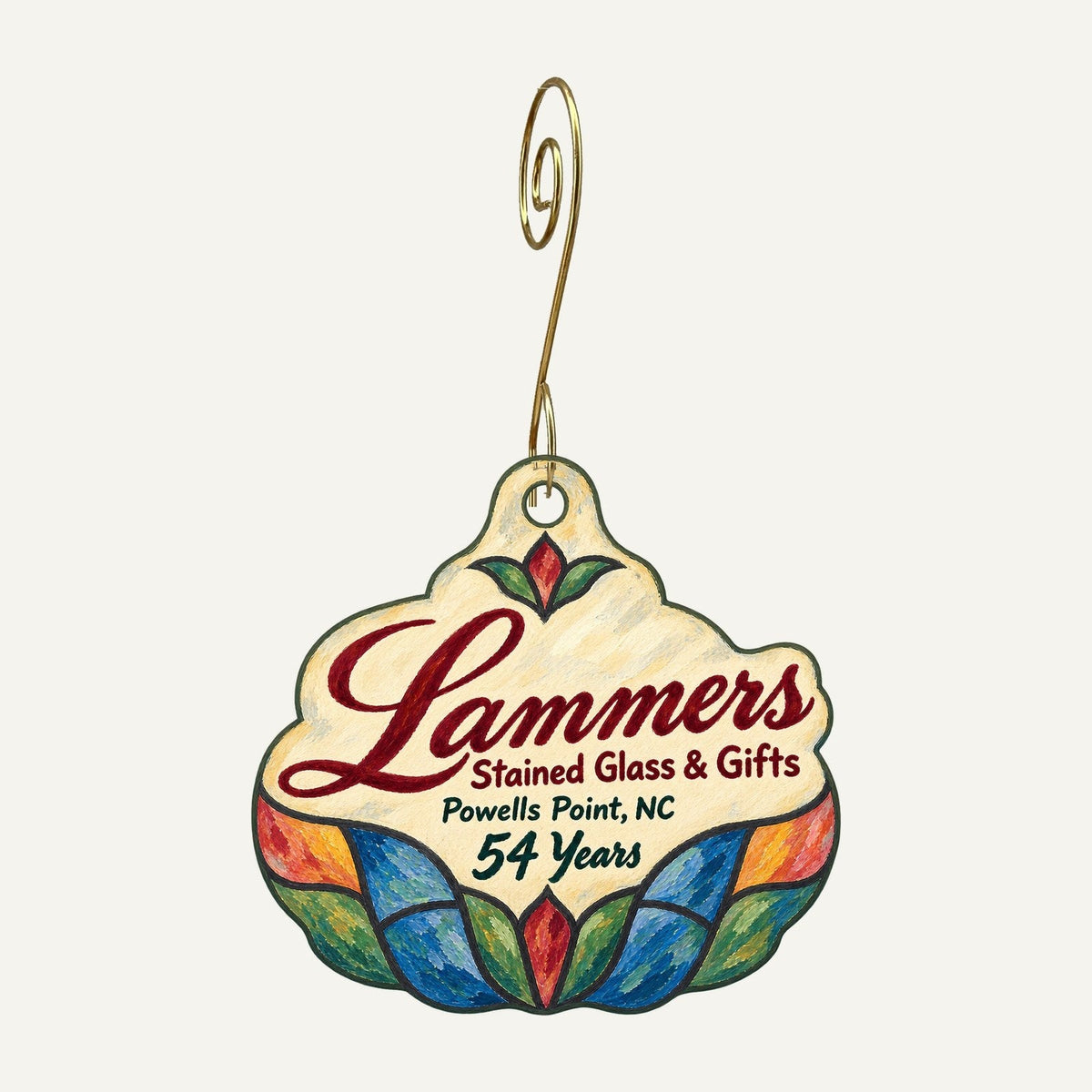 Lammers Stained Glass & Gifts Logo custom wood ornament OC1127 hanging on hook