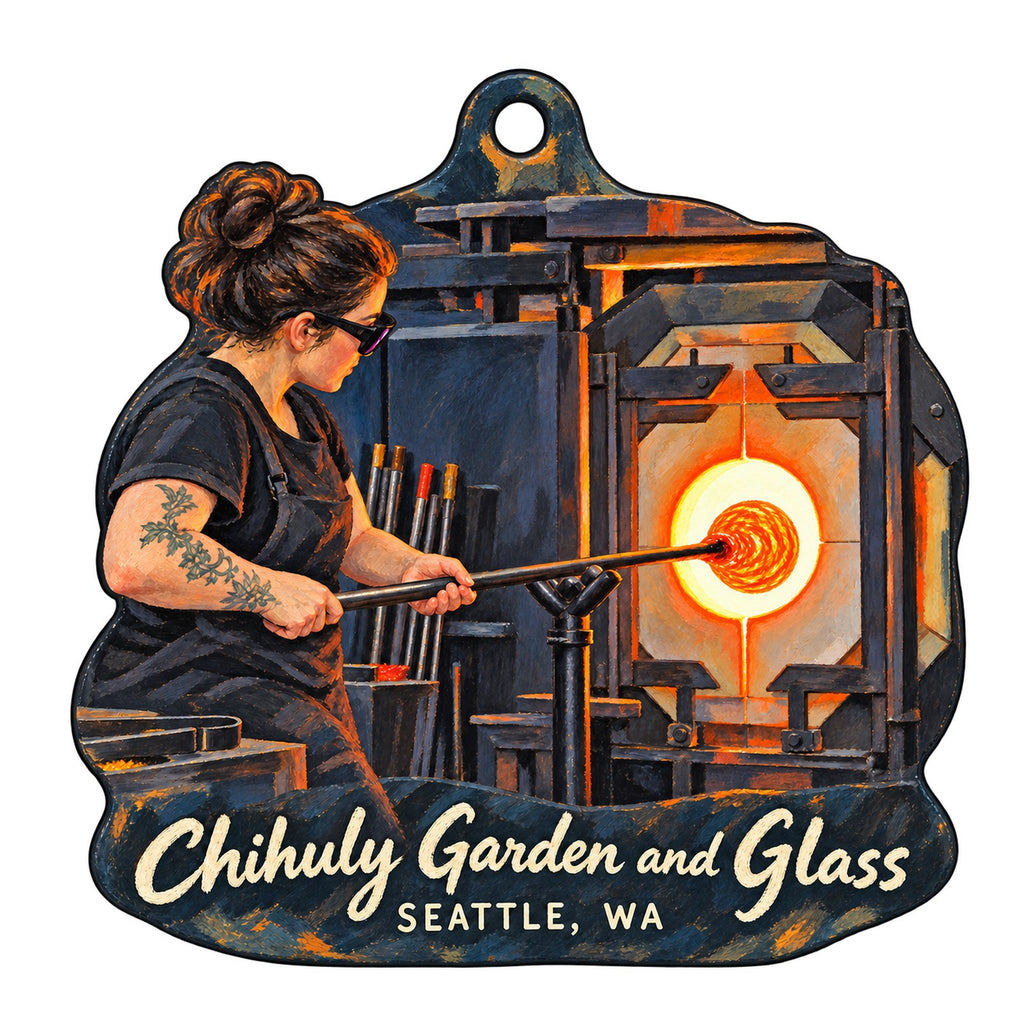 Space Needle and Chihuly Garden and Glass Town Icon custom wood ornament OC112 on white