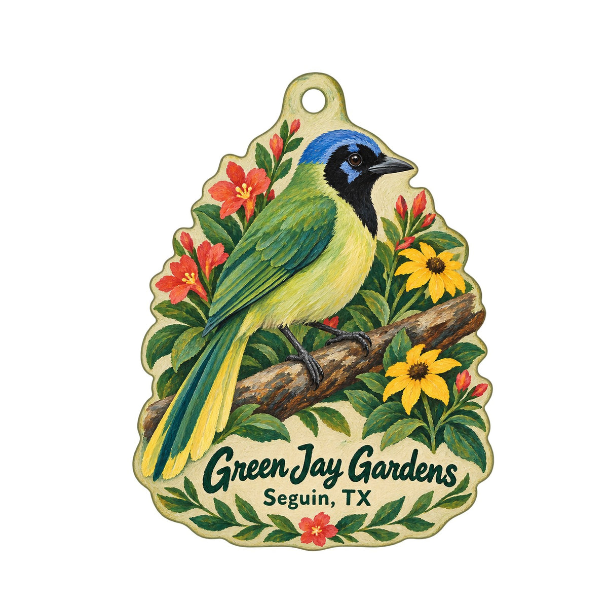 Green Jay Gardens Logo custom wood ornament OC1130 on white