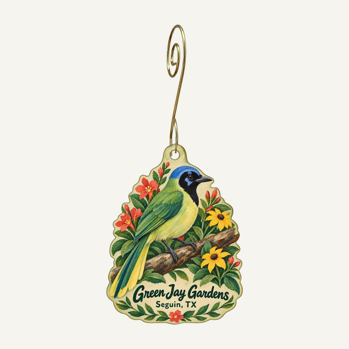 Green Jay Gardens Logo custom wood ornament OC1130 hanging on hook