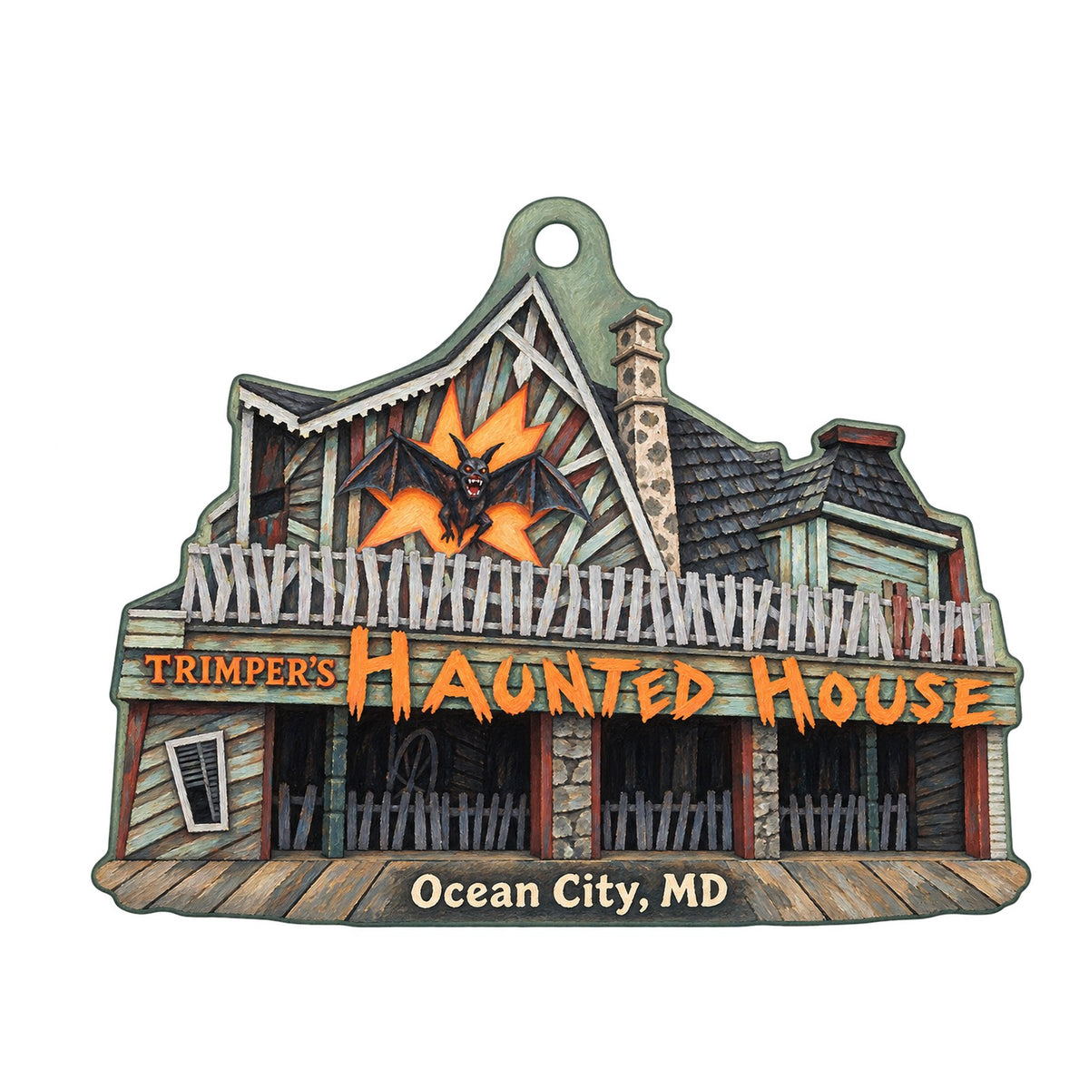 The Haunted House — Trimper Amusements Logo custom wood ornament OC1139 on white