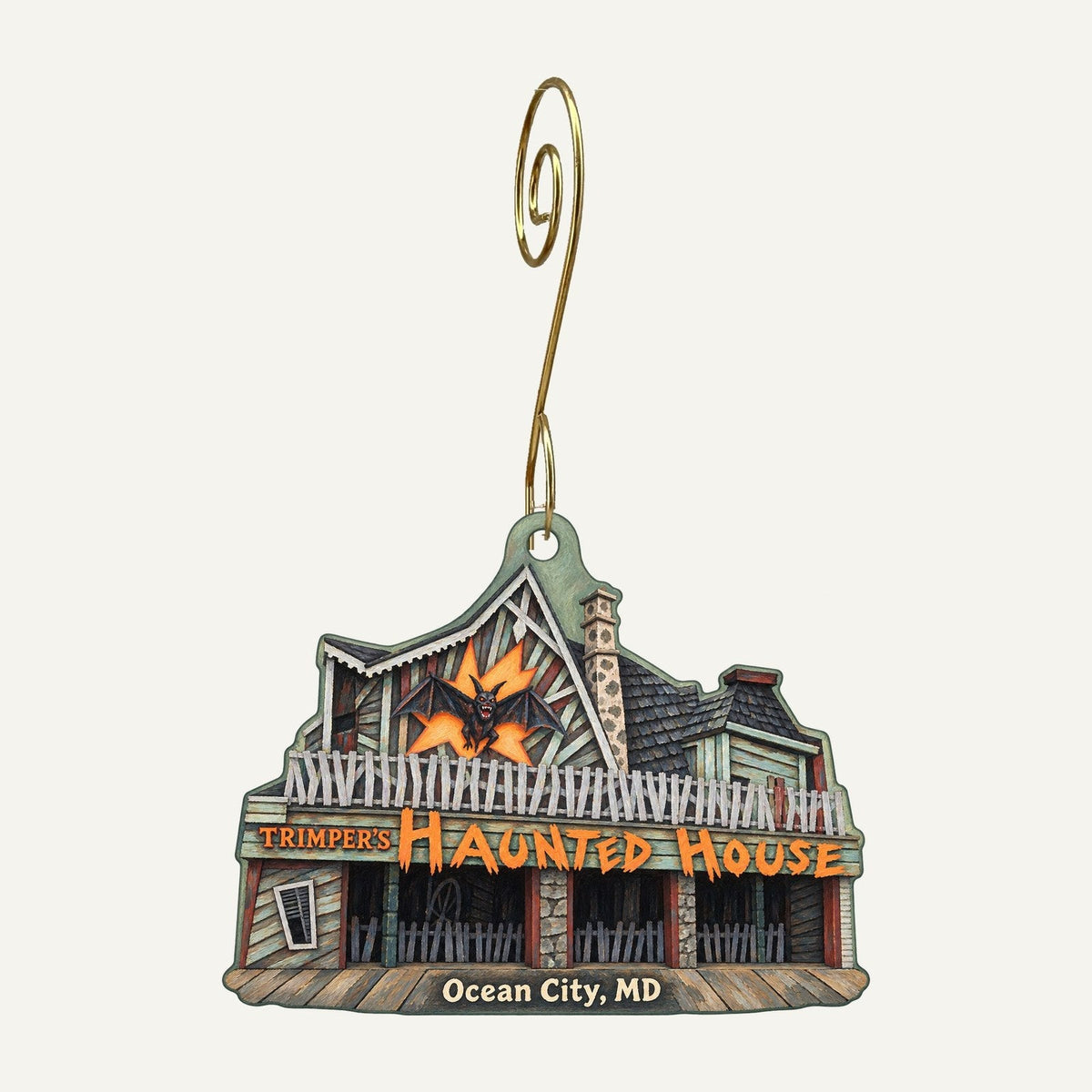 The Haunted House — Trimper Amusements Logo custom wood ornament OC1139 hanging on hook