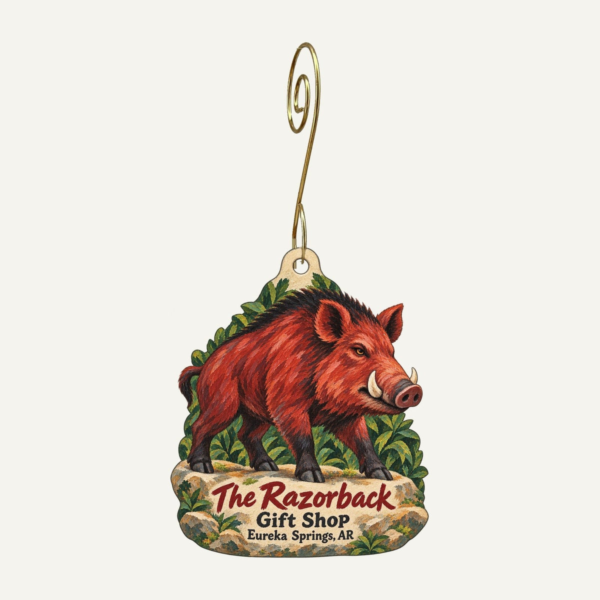 The Razorback Gift Shop Logo custom wood ornament OC1142 hanging on hook