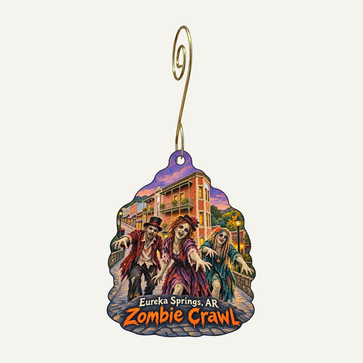 The Razorback Gift Shop Town Icon custom wood ornament OC1144 hanging on hook