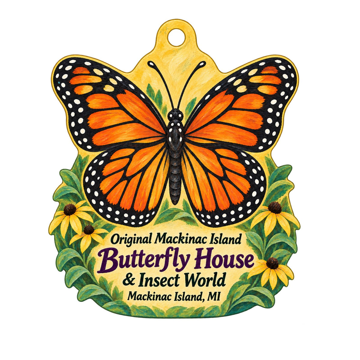 Original Mackinac Island Butterfly House & Insect World Logo custom wood ornament OC1148 on white