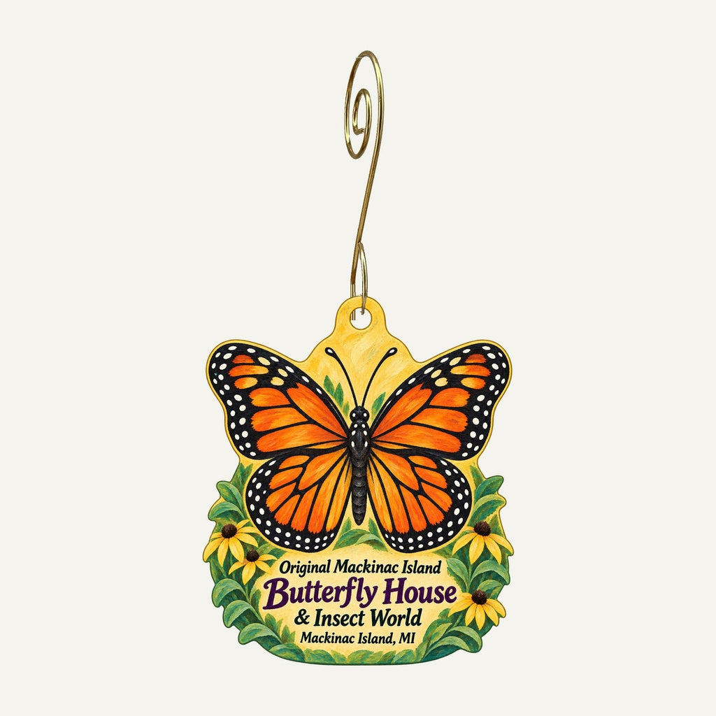Original Mackinac Island Butterfly House & Insect World Logo custom wood ornament OC1148 hanging on hook