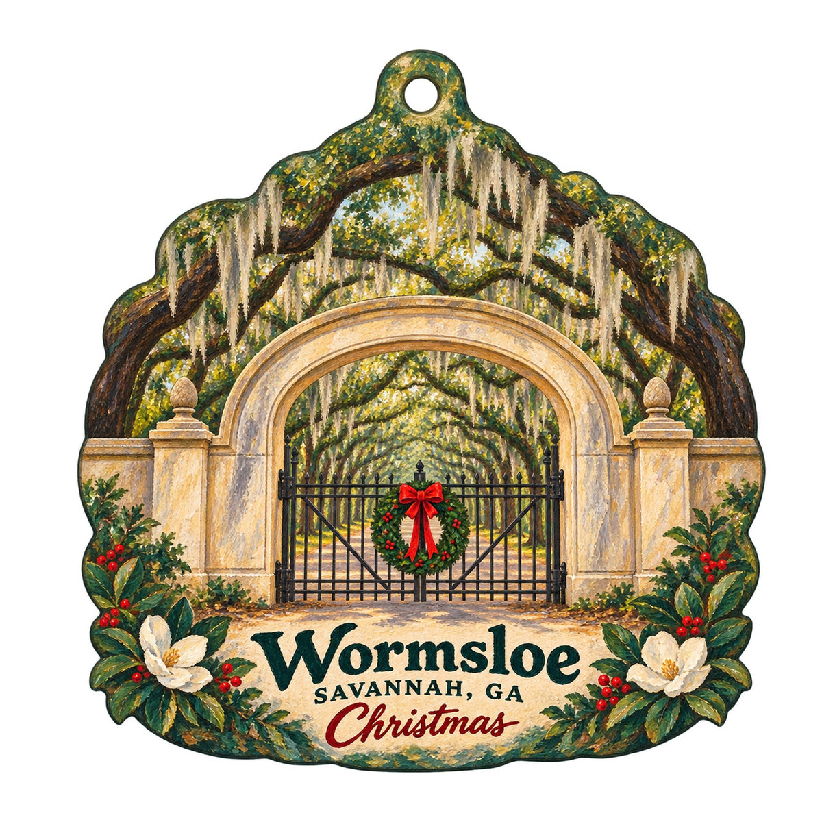 Wormsloe State Historic Site Christmas custom wood ornament OC114 on white