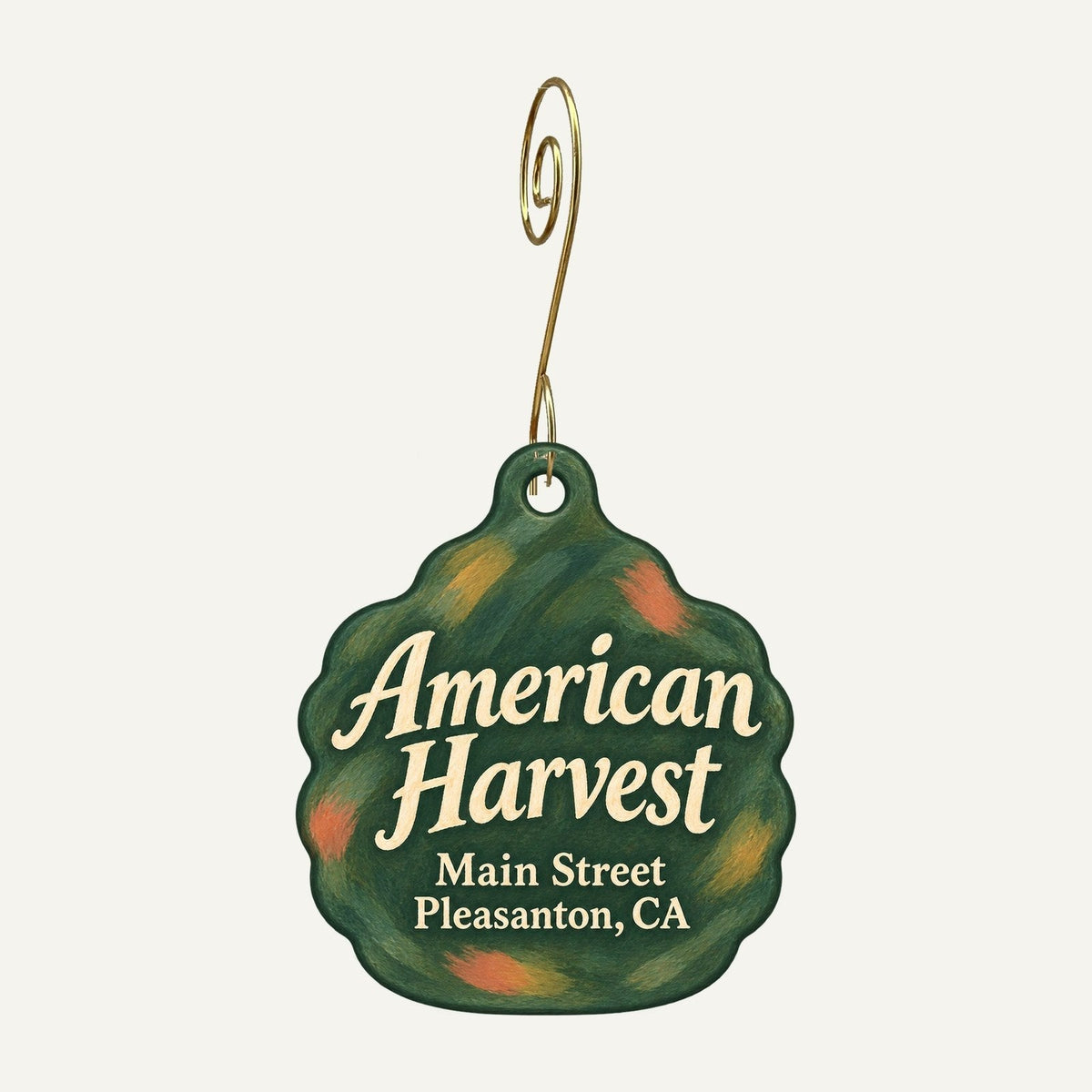 American Harvest Logo custom wood ornament OC1157 hanging on hook