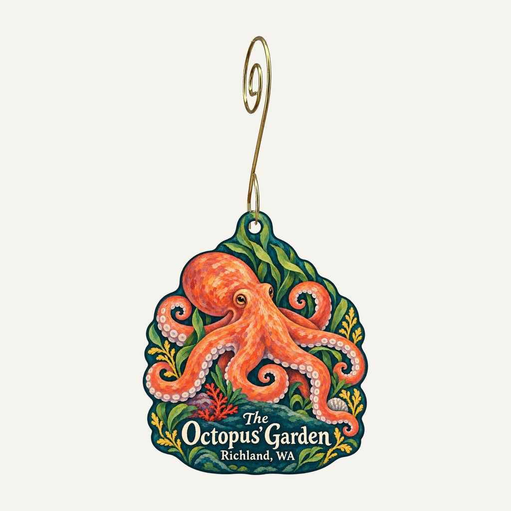 The Octopus' Garden Logo custom wood ornament OC1163 hanging on hook