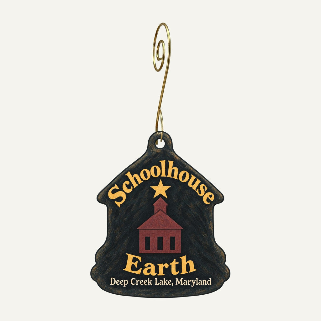 Schoolhouse Earth Logo custom wood ornament OC1169 hanging on hook