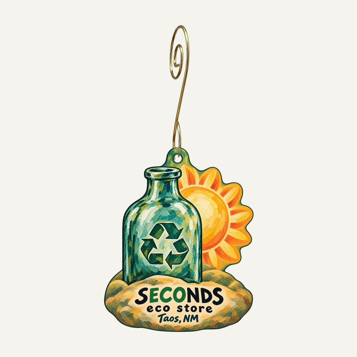 Seconds Eco Store Logo custom wood ornament OC116 hanging on hook