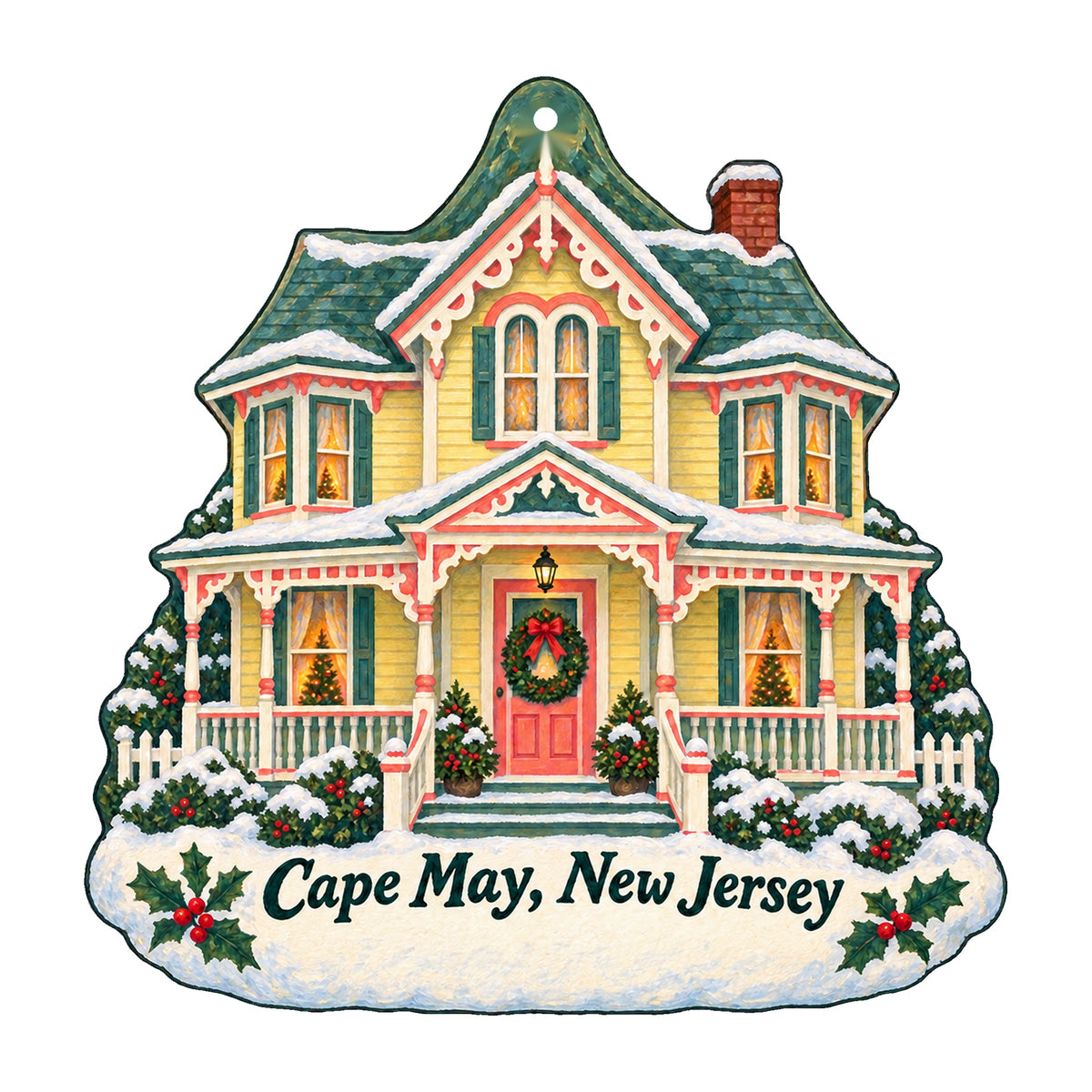 Cape May New Jersey Victorian house ornament, Merry Christmas wording removed, exact production artwork on white, OC1176