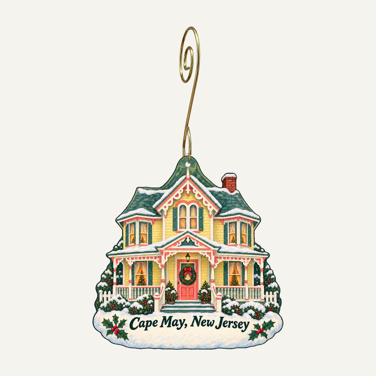 Cape May New Jersey Victorian house ornament, Merry Christmas wording removed, hanging on gold hook, OC1176