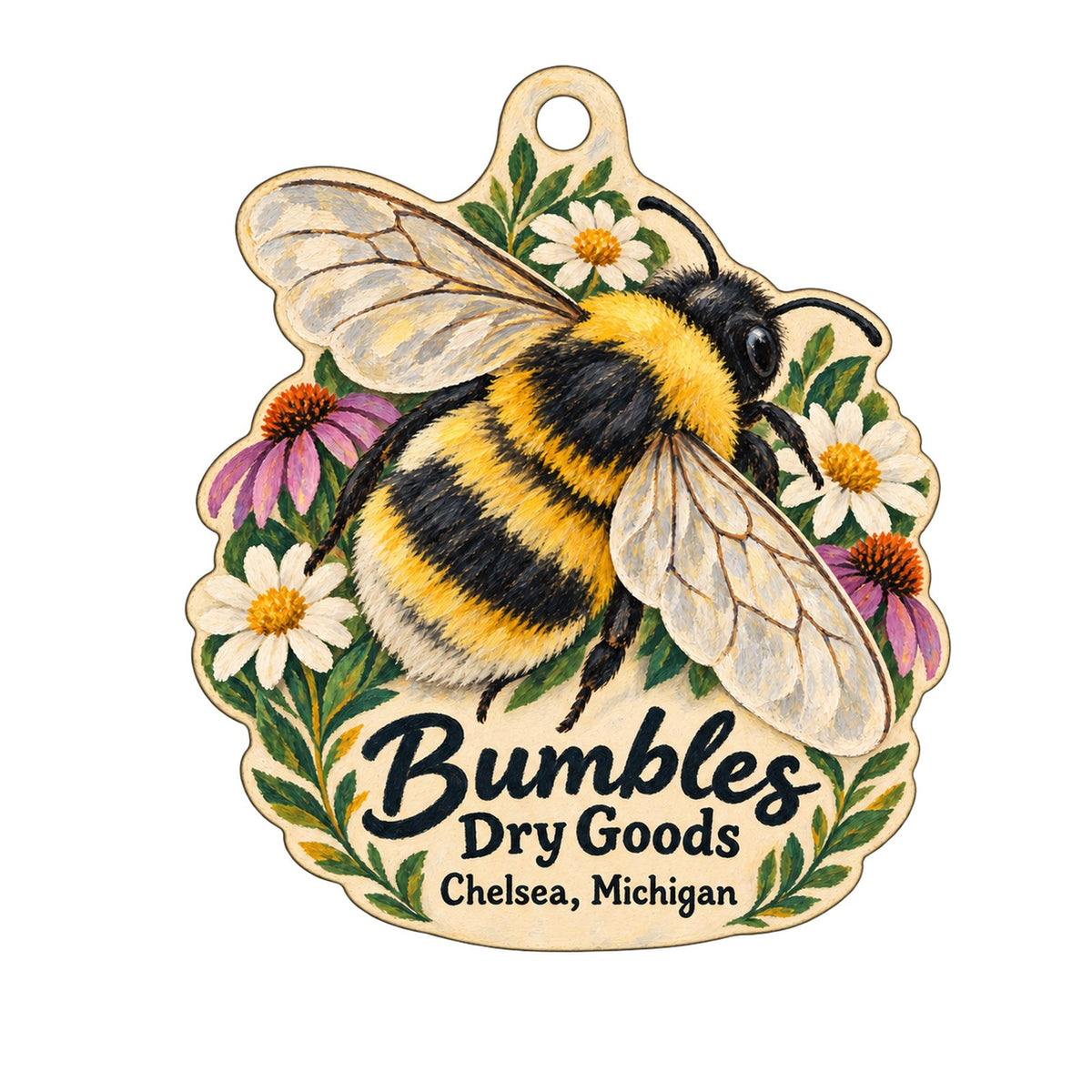 Bumbles Dry Goods Logo custom wood ornament OC1184 on white