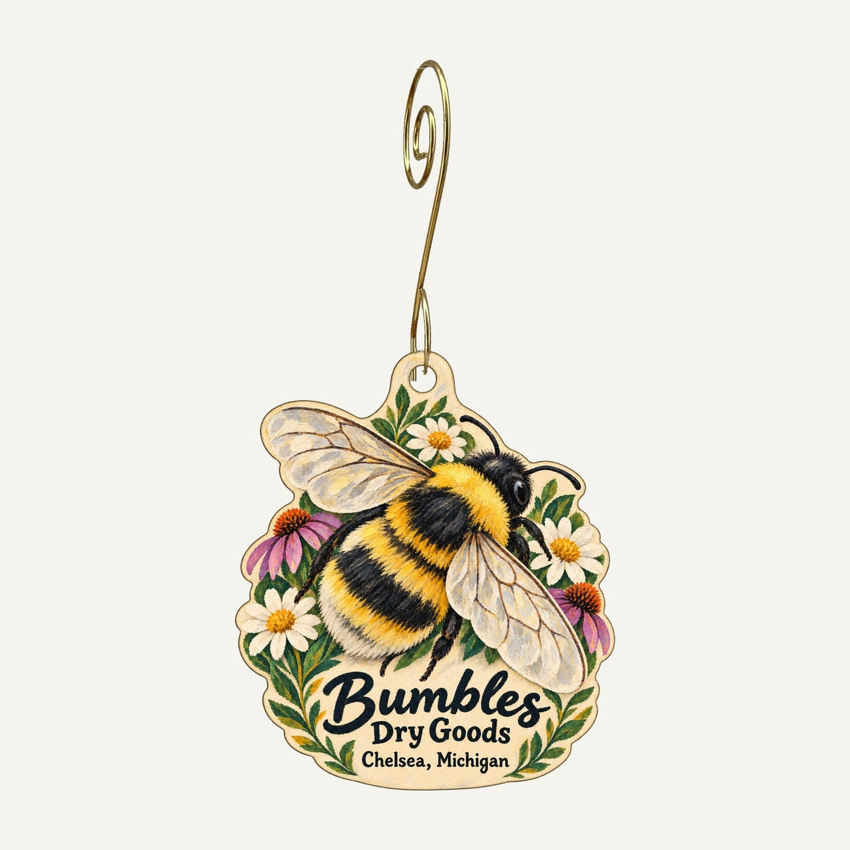 Bumbles Dry Goods Logo custom wood ornament OC1184 hanging on hook