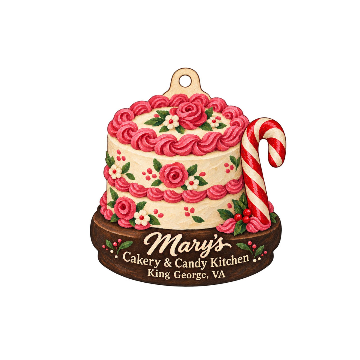 Mary's Cakery & Candy Kitchen Logo custom wood ornament OC1187 on white