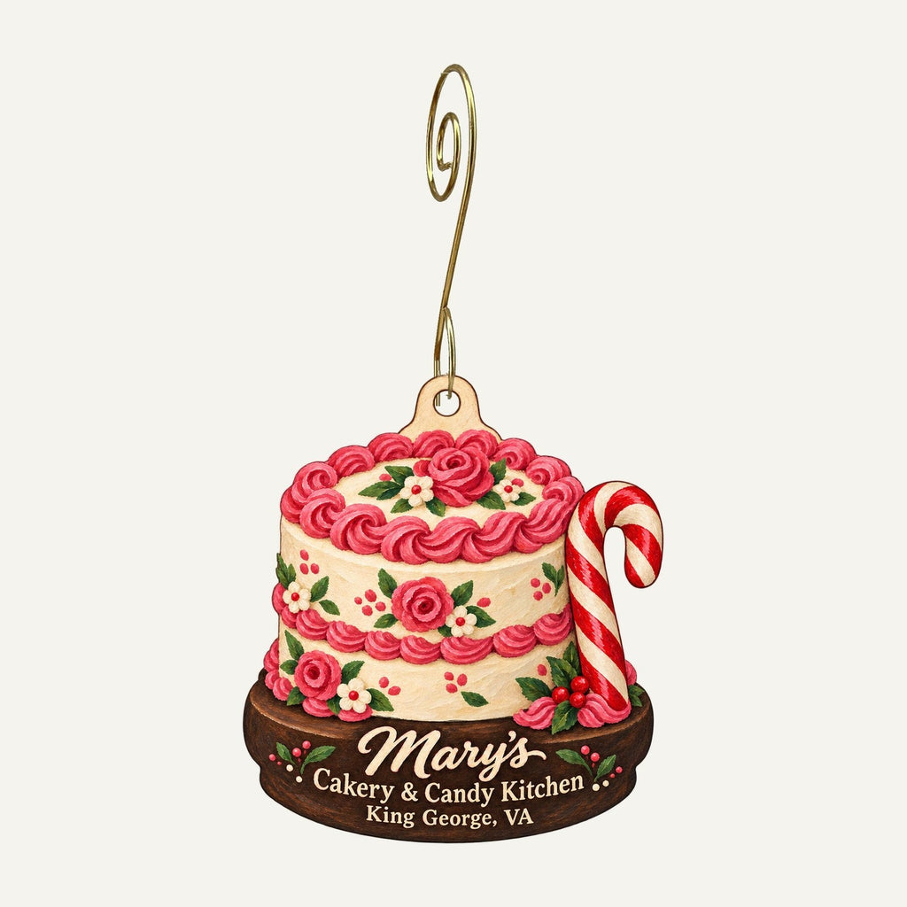Mary's Cakery & Candy Kitchen Logo custom wood ornament OC1187 hanging on hook