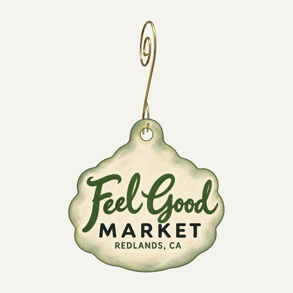 Feel Good Market Logo custom wood ornament OC1217 hanging on hook