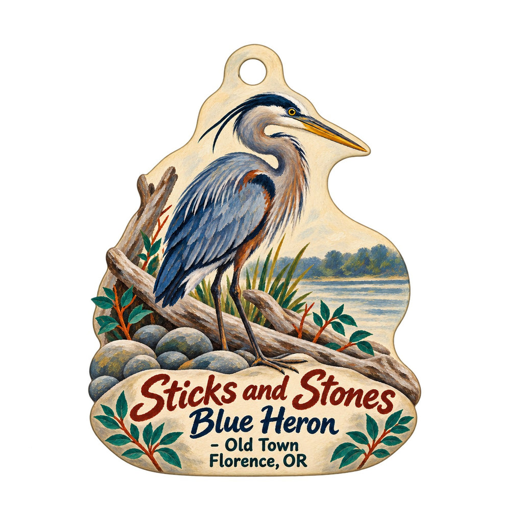 Sticks and Stones / Blue Heron Logo custom wood ornament OC1223 on white