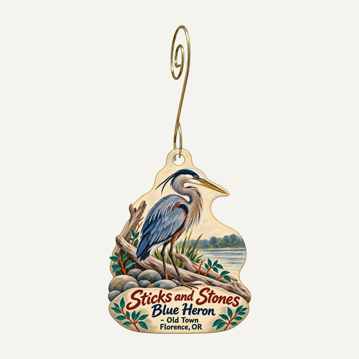 Sticks and Stones / Blue Heron Logo custom wood ornament OC1223 hanging on hook
