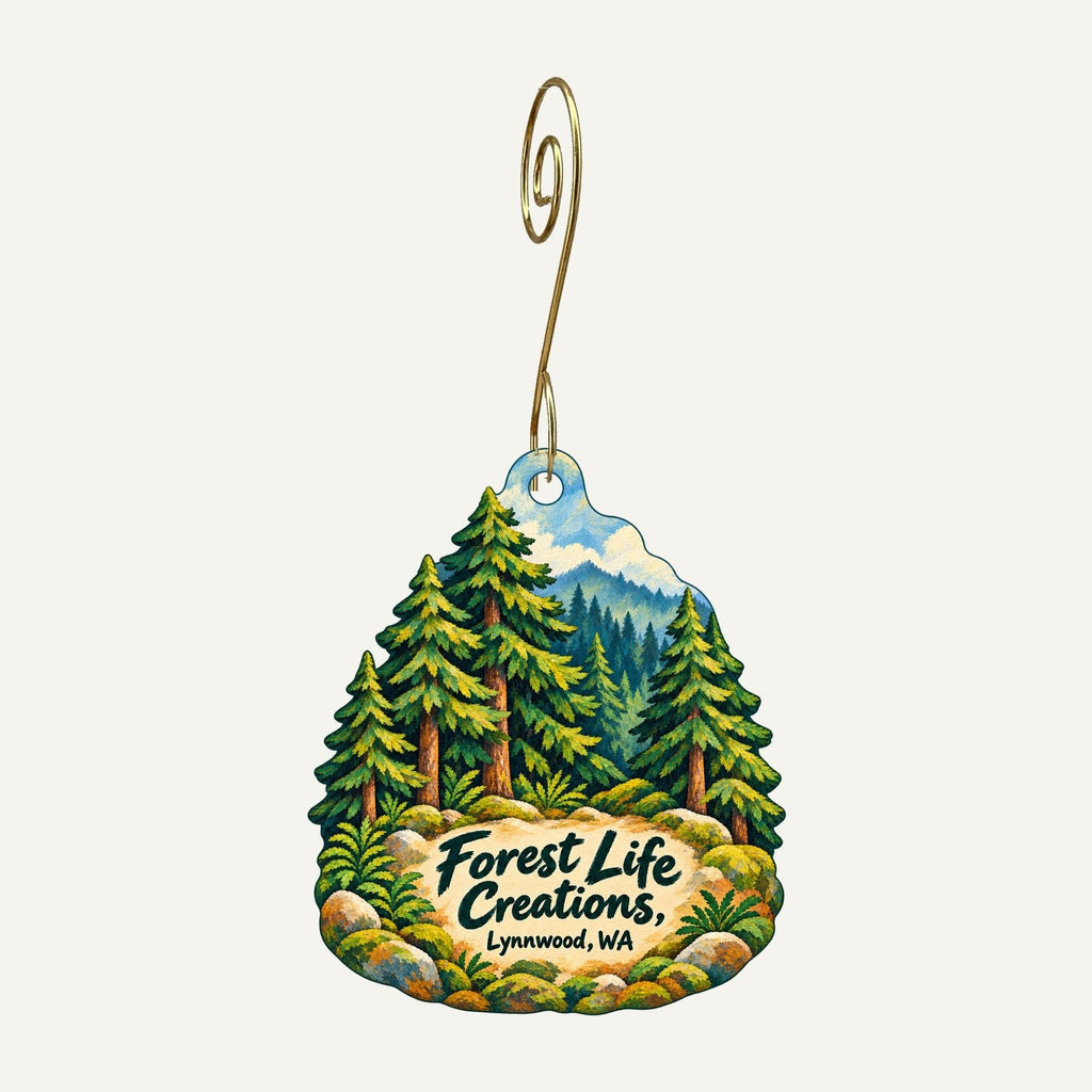 Forest Life Creations Logo custom wood ornament OC1229 hanging on hook