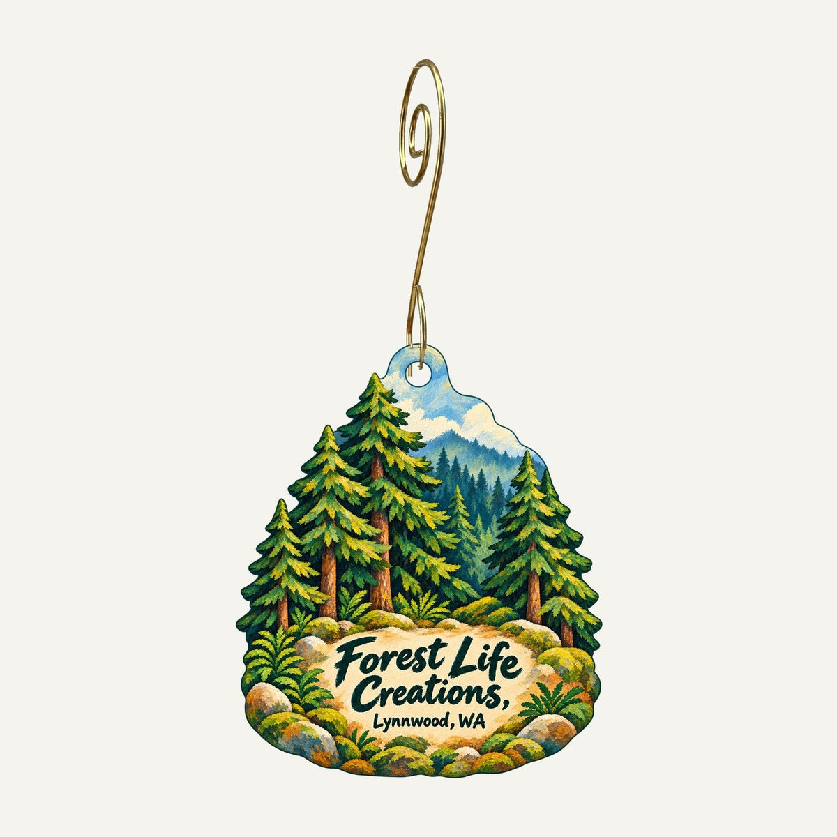 Forest Life Creations Logo custom wood ornament OC1229 hanging on hook