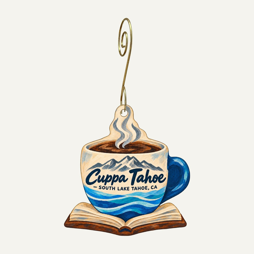 Cuppa Tahoe Logo custom wood ornament OC1238 hanging on hook
