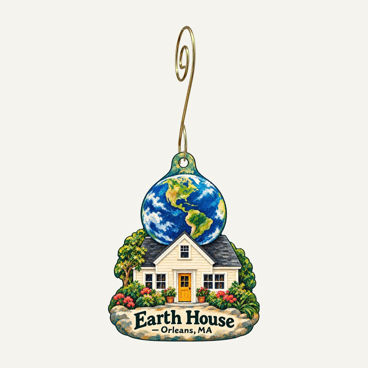 Earth House Logo custom wood ornament OC1250 hanging on hook