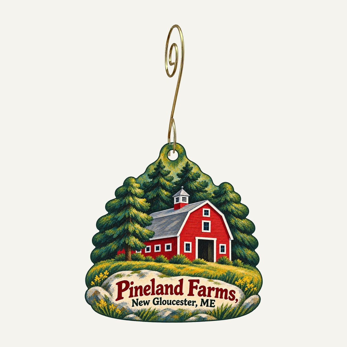 Pineland Farms Logo custom wood ornament OC1253 hanging on hook