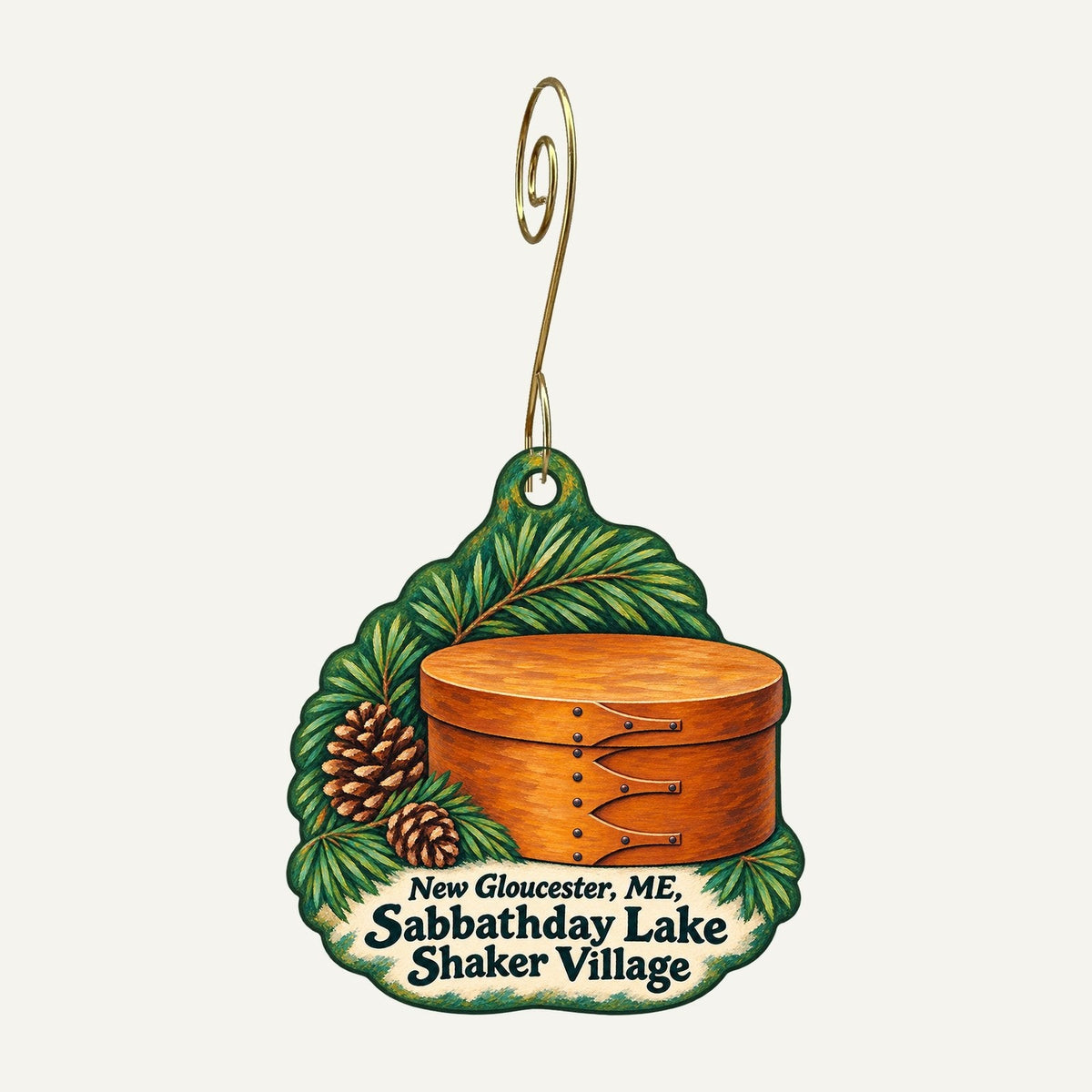 Pineland Farms Town Icon custom wood ornament OC1255 hanging on hook